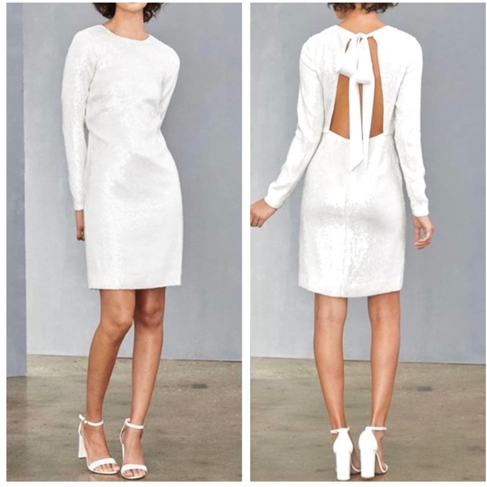 AMSALE White Sequin Dress Size 10 NEW Cutout Back Bow Tie